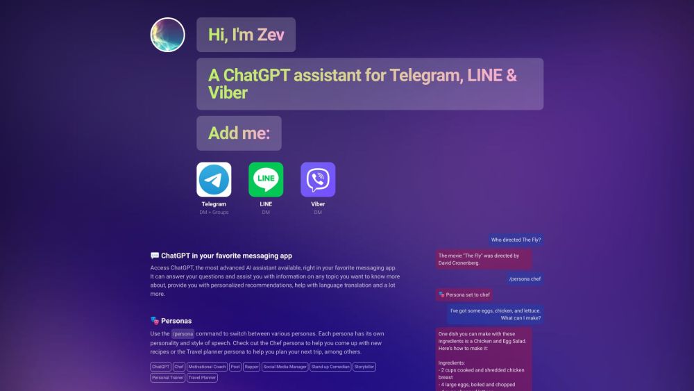 Zev - 适用于 Telegram、LINE 和 Viber 的 ChatGPT 聊天助手